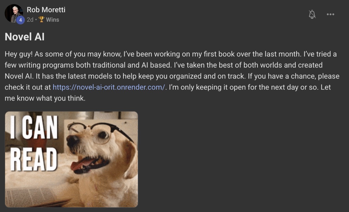 Rob Moretti's post in the AI Dojo announcing Novel AI