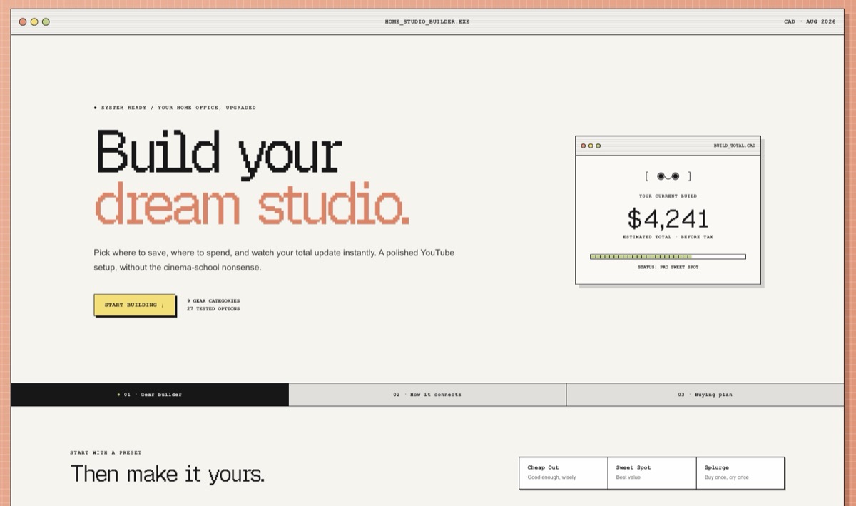 The Home Studio Builder page showing gear tiers and a running total