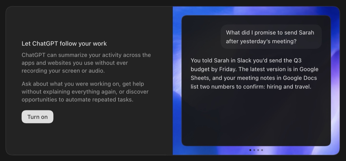 The Let ChatGPT follow your work settings card, with an example answer about what was promised in a meeting