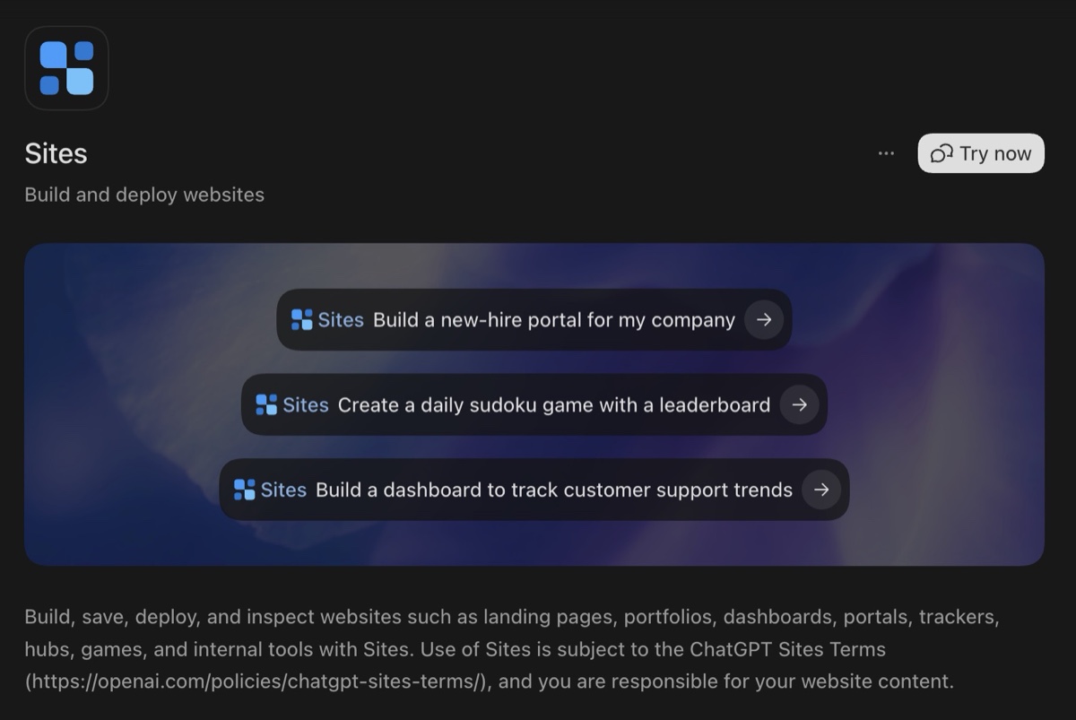 The Sites panel in ChatGPT, showing example prompts for a portal, a game and a dashboard