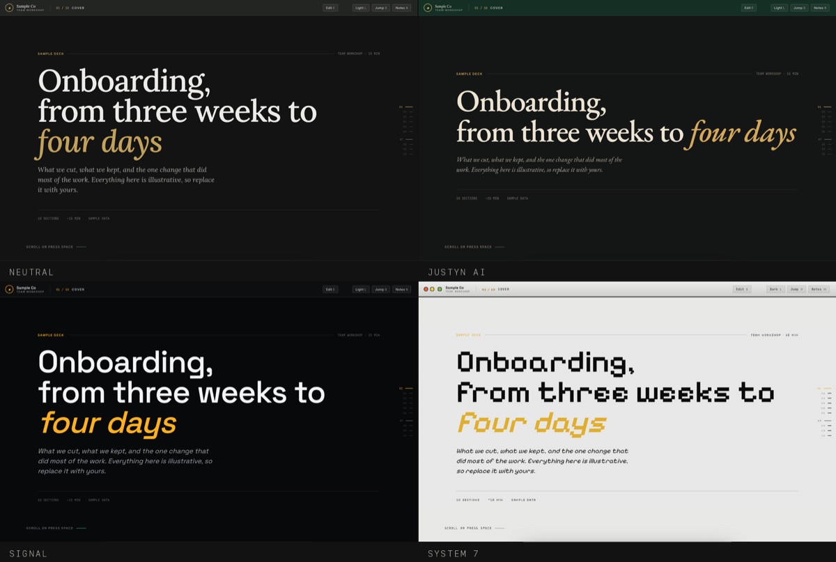The same presentation deck rendered in the Neutral, Justyn AI, Signal and System 7 themes