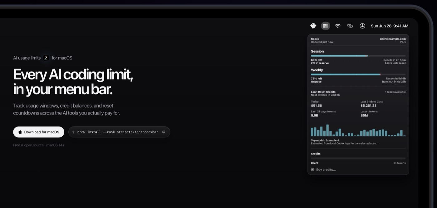 The CodexBar menu bar dropdown showing session and weekly usage with reset countdowns