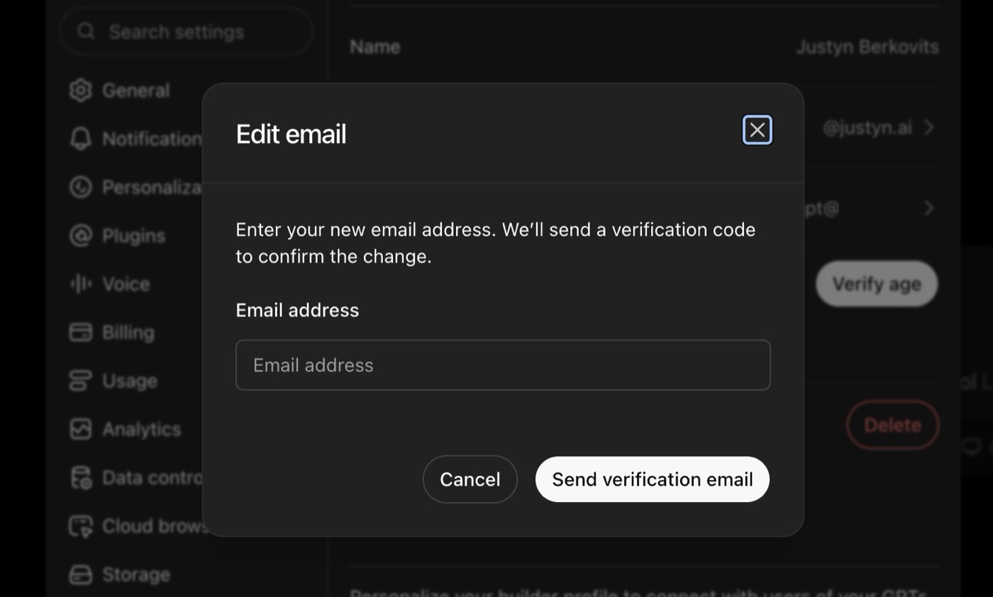 The Edit email dialog in ChatGPT settings, asking for a new address and offering to send a verification code