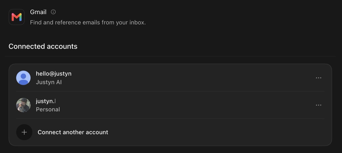 The Gmail plugin in ChatGPT showing two connected accounts, one business and one personal, with a button to connect another