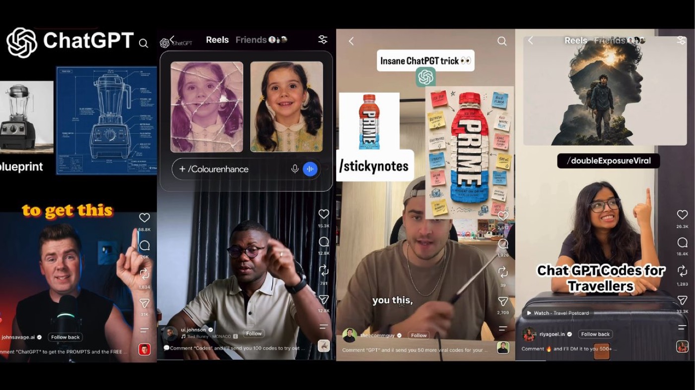 A grid of four creators' reels all demonstrating image generation slash commands