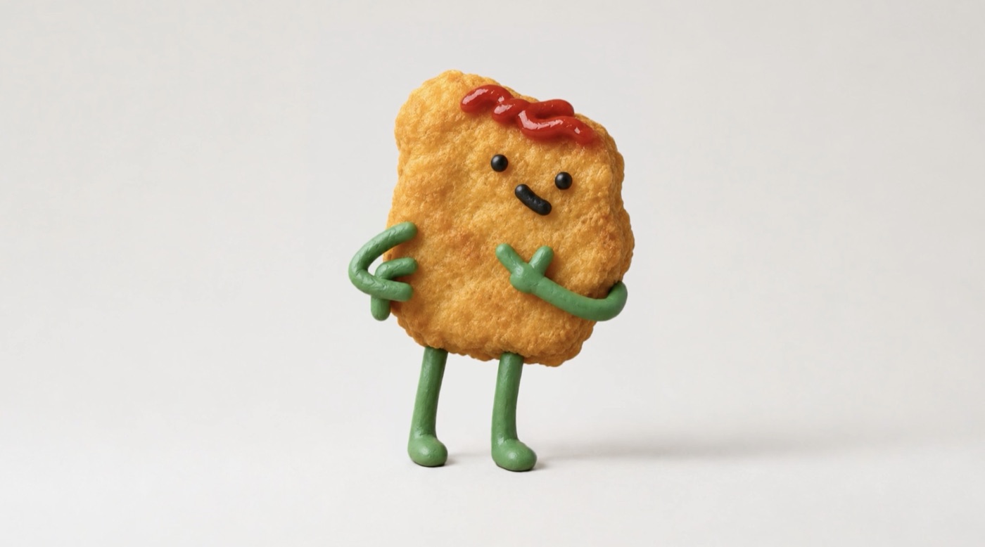 A photoreal claymation chicken nugget character matching the doodle exactly