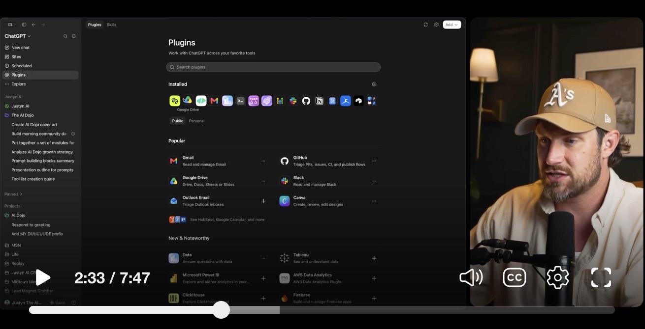 The ChatGPT Work plugins panel with Gmail, Google Drive, Notion, Slack, Canva and GitHub installed, next to Justyn on camera