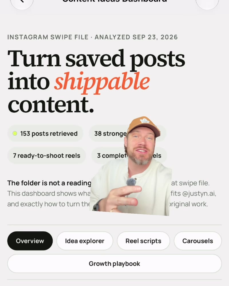 The Content Ideas dashboard Muse built: Turn saved posts into shippable content, 153 posts retrieved, 7 ready to shoot reels