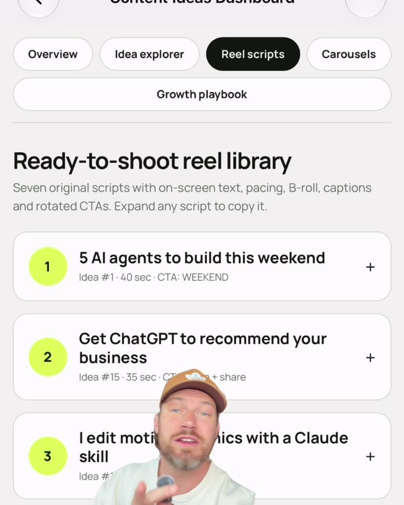 The ready to shoot reel library in the Muse dashboard, seven scripts with on-screen text, B-roll and captions