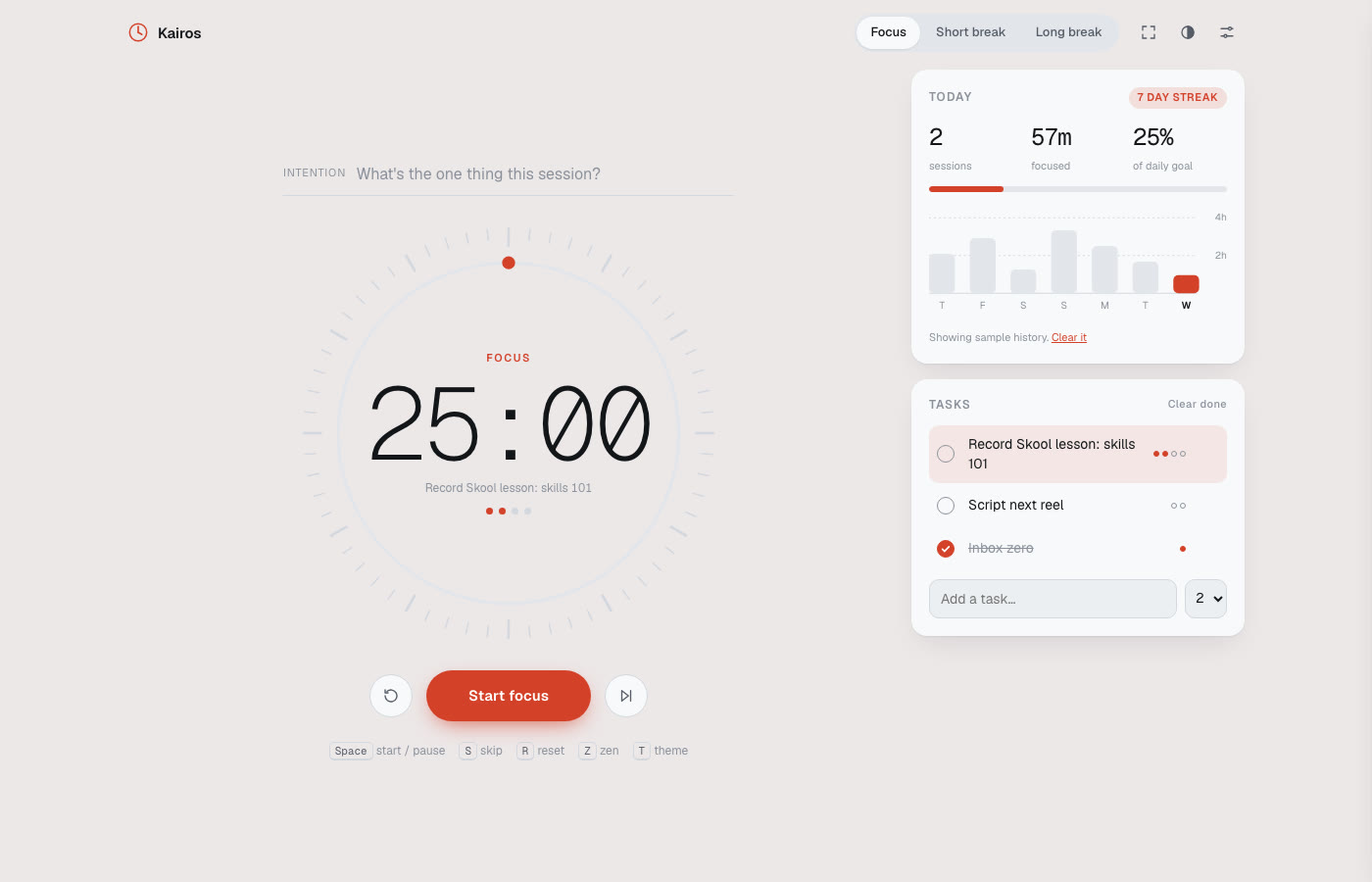 Kairos, the Pomodoro timer Opus 5.5 built, with a tick dial, a tomato red start button, today's stats and a task list