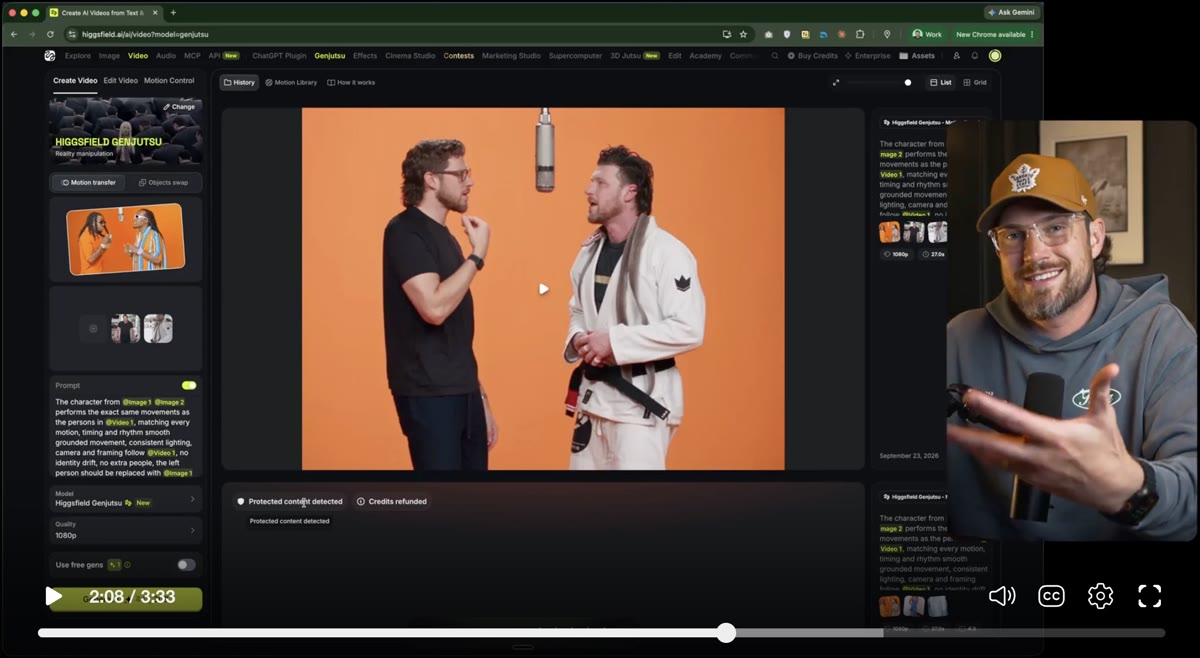 Higgsfield Genjutsu with the Hotel Lobby prompt loaded, the swapped video of Justyn and a friend on orange, and Justyn explaining it on camera