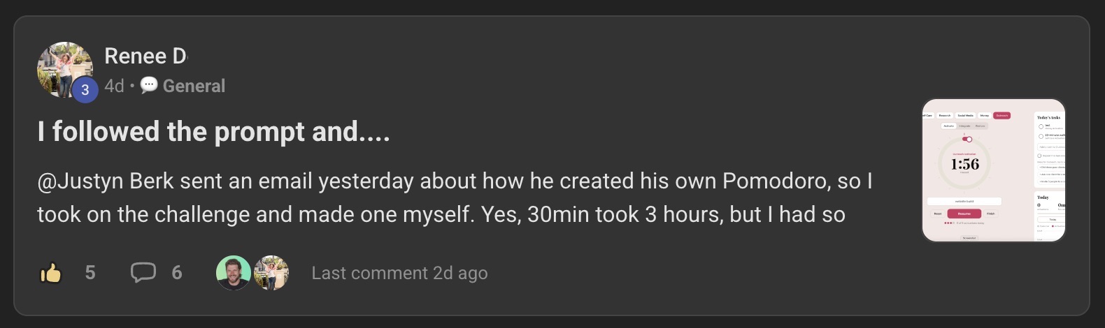 Renee's post in the AI Dojo: I followed the prompt and..., with a screenshot of the Pomodoro app she built