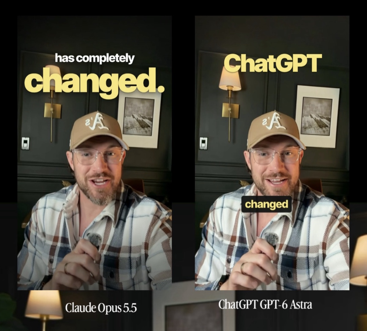 The same reel edited by Claude Opus 5.5 on the left and ChatGPT GPT-6 Astra on the right