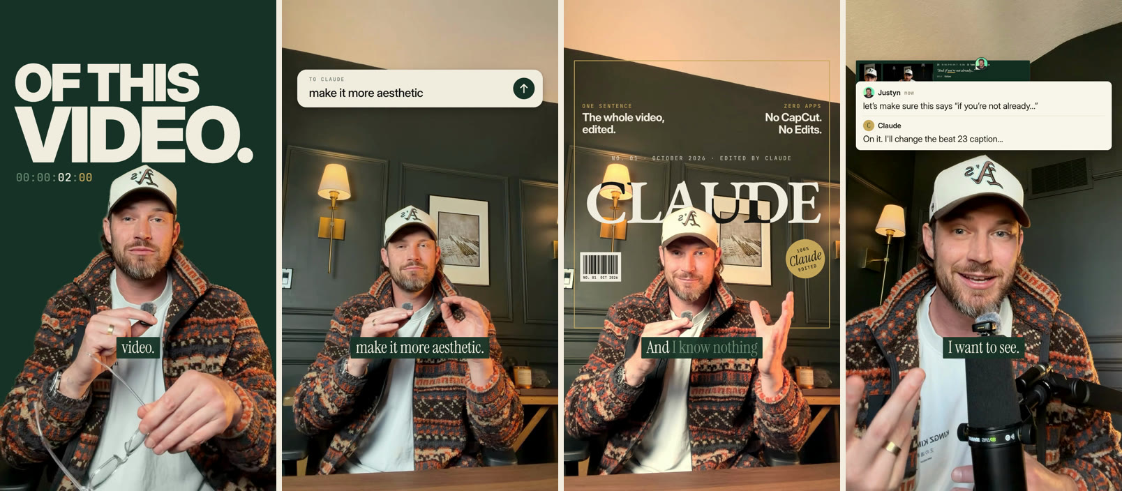 Four frames from the Claude Editing reel: the hook, a prompt to Claude, a magazine cover graphic, and a comment thread with Claude